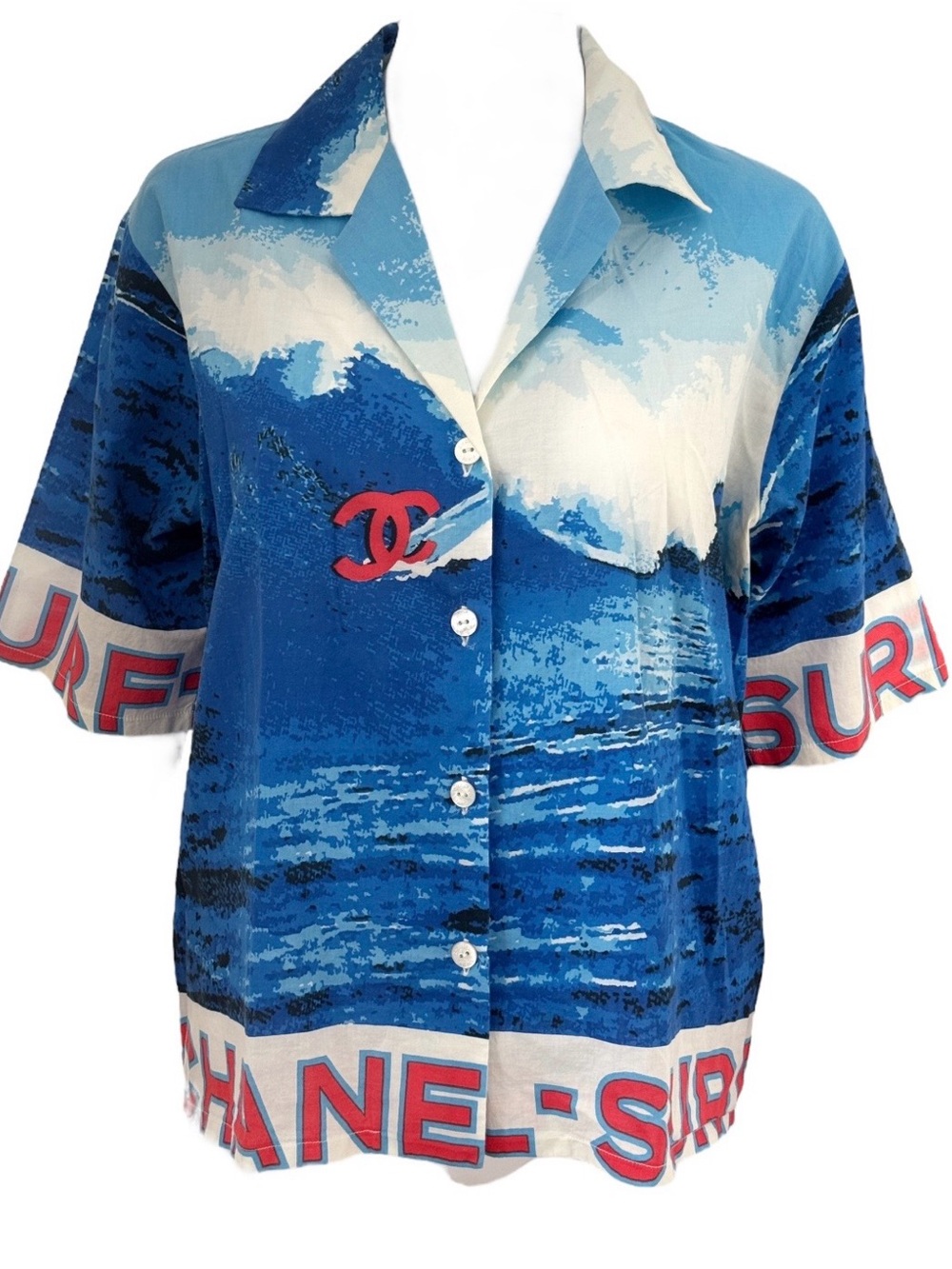 CHANEL Blue and Red Surf Line Print Button-Down Shirt